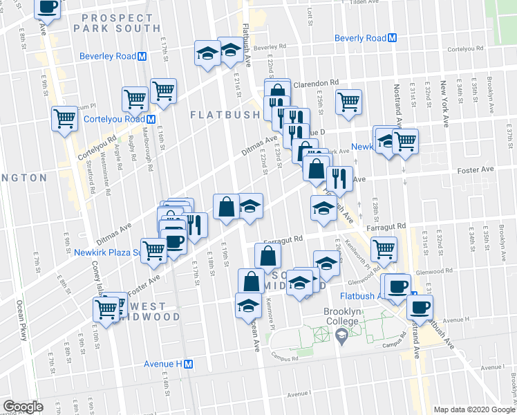 map of restaurants, bars, coffee shops, grocery stores, and more near 2020 Foster Avenue in Brooklyn