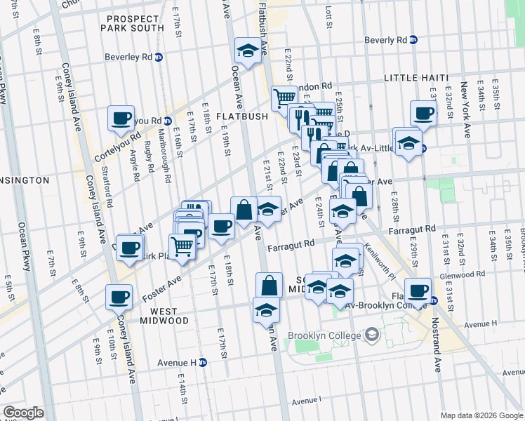 map of restaurants, bars, coffee shops, grocery stores, and more near 2020 Foster Avenue in Brooklyn