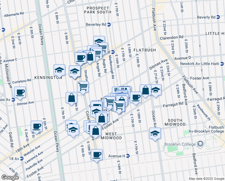 map of restaurants, bars, coffee shops, grocery stores, and more near 553 Marlborough Road in Brooklyn