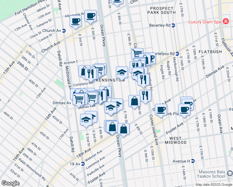 map of restaurants, bars, coffee shops, grocery stores, and more near 491 Ocean Parkway in Brooklyn