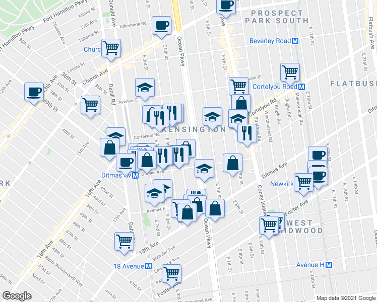 map of restaurants, bars, coffee shops, grocery stores, and more near 645 East 5th Street in Brooklyn