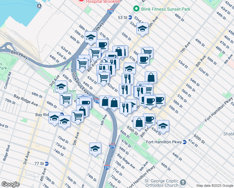 map of restaurants, bars, coffee shops, grocery stores, and more near 6206 6th Avenue in Brooklyn