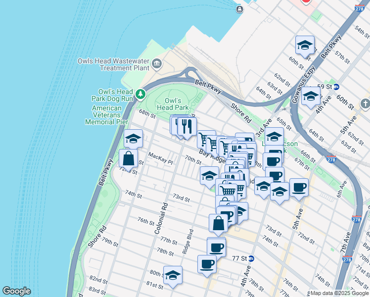 map of restaurants, bars, coffee shops, grocery stores, and more near 131 70th Street in Brooklyn