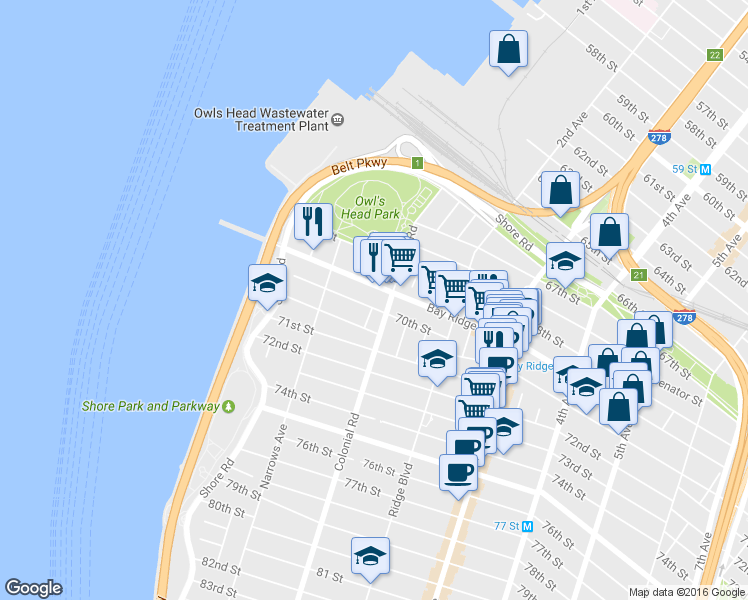 map of restaurants, bars, coffee shops, grocery stores, and more near 7016 Louise Terrace in Brooklyn