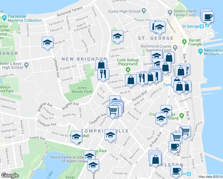 map of restaurants, bars, coffee shops, grocery stores, and more near 11 Stanley Avenue in Staten Island