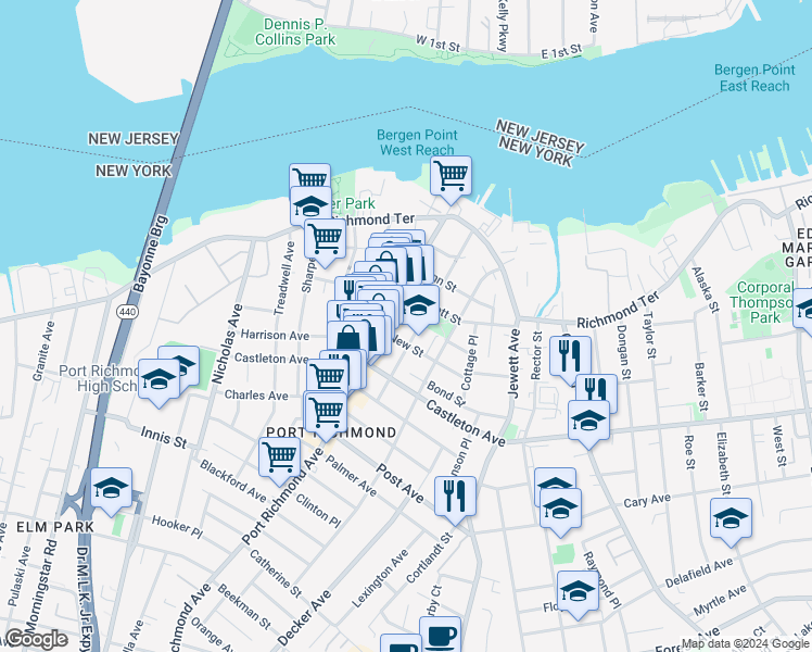 map of restaurants, bars, coffee shops, grocery stores, and more near 116 New Street in Staten Island