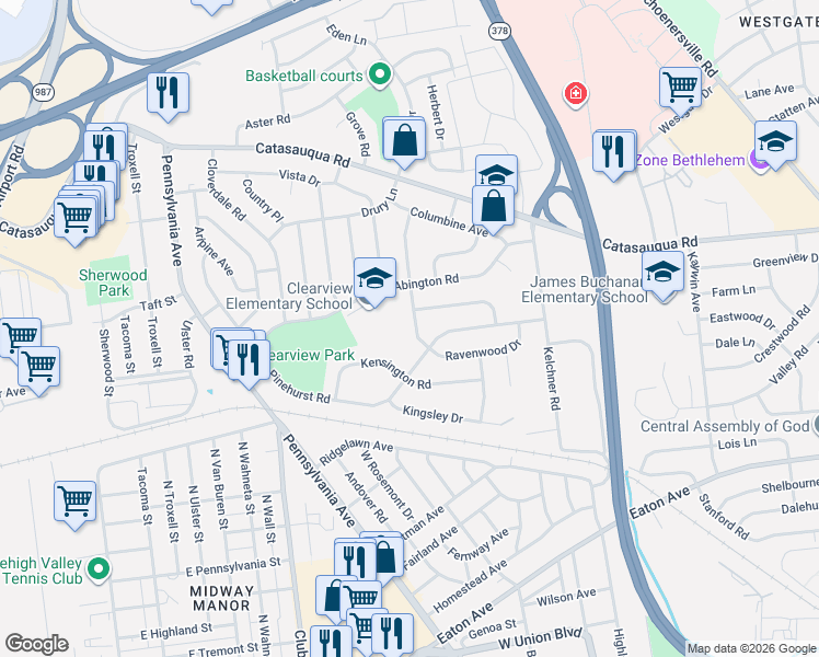 map of restaurants, bars, coffee shops, grocery stores, and more near 1411 Bonnie Drive in Bethlehem