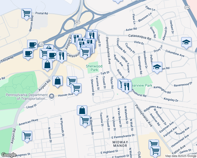map of restaurants, bars, coffee shops, grocery stores, and more near 1826 Tacoma Street in Allentown