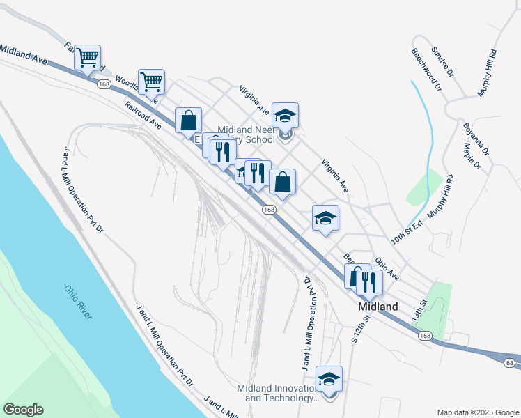 map of restaurants, bars, coffee shops, grocery stores, and more near 41 8th Street in Midland