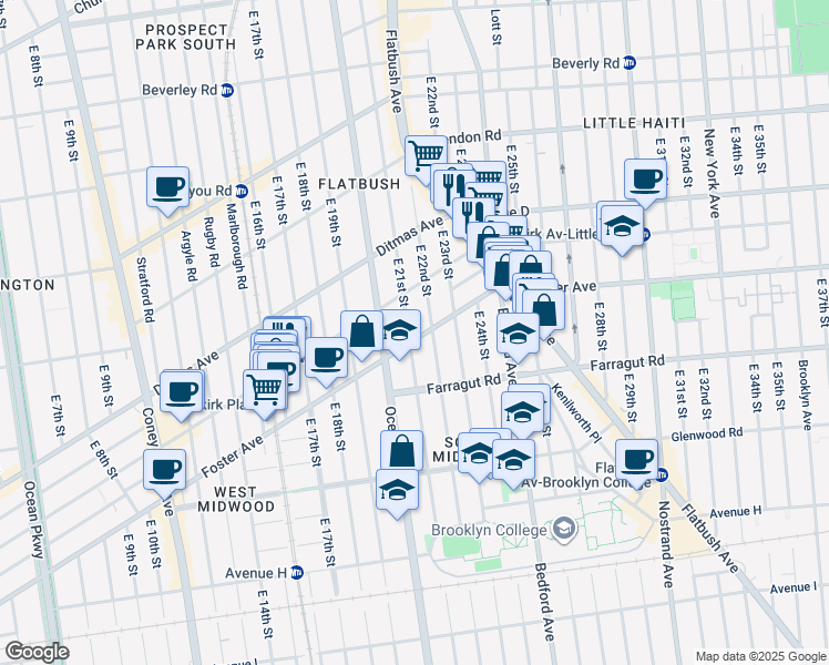 map of restaurants, bars, coffee shops, grocery stores, and more near 2105 Foster Avenue in Brooklyn