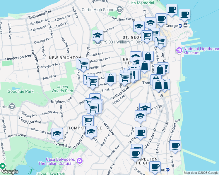map of restaurants, bars, coffee shops, grocery stores, and more near 89 Brook Street in Staten Island