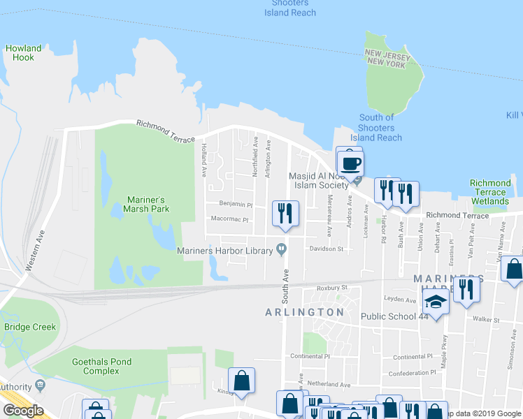 map of restaurants, bars, coffee shops, grocery stores, and more near 2 Benjamin Place in Staten Island