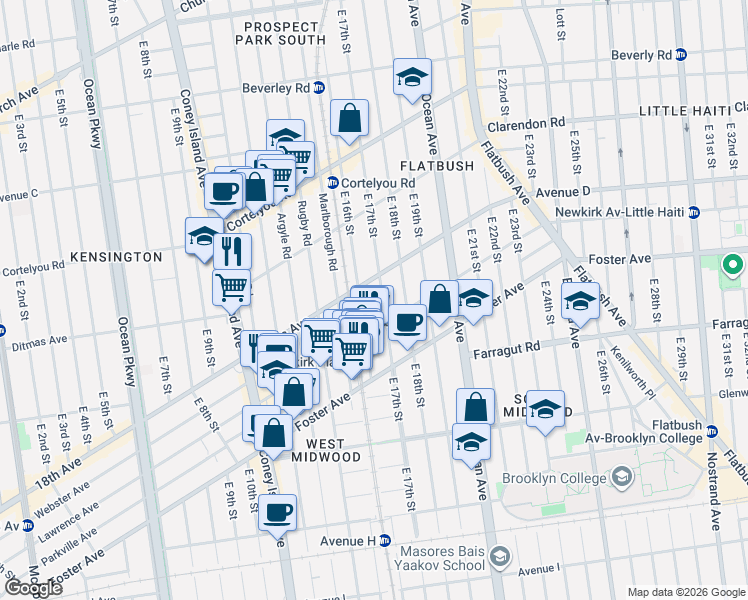 map of restaurants, bars, coffee shops, grocery stores, and more near 556 East 17th Street in Brooklyn