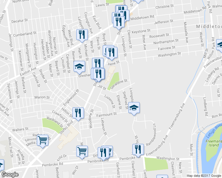 map of restaurants, bars, coffee shops, grocery stores, and more near 1525 Geraldine Street in Bethlehem