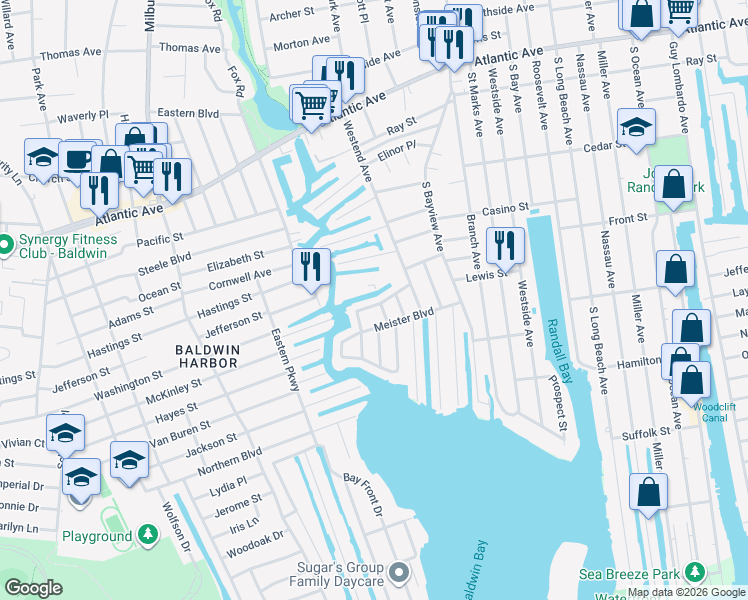 map of restaurants, bars, coffee shops, grocery stores, and more near 110 Meister Boulevard in Freeport