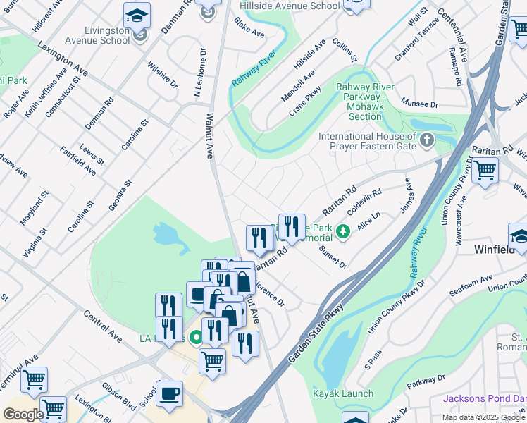 map of restaurants, bars, coffee shops, grocery stores, and more near 21 Pershing Avenue in Cranford
