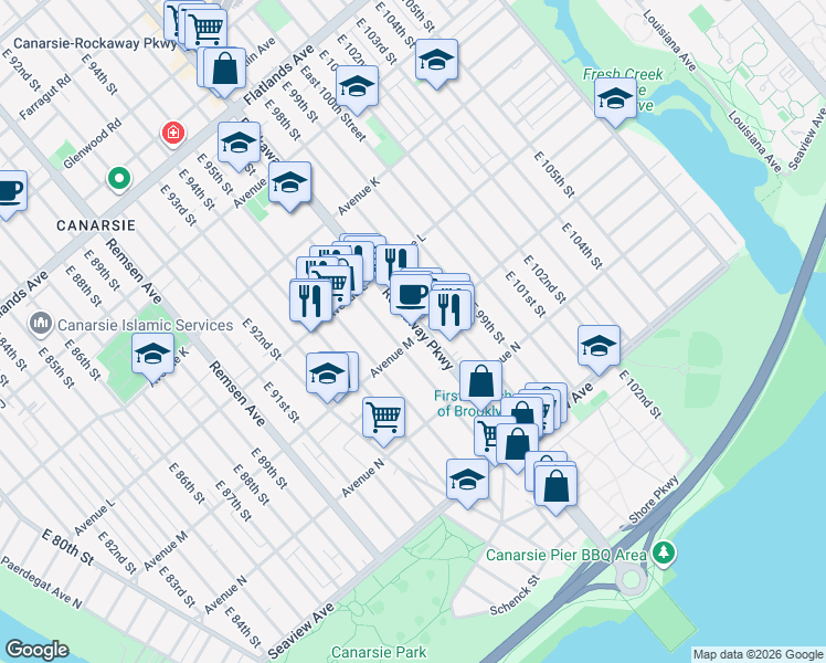 map of restaurants, bars, coffee shops, grocery stores, and more near 1836 Rockaway Parkway in Brooklyn