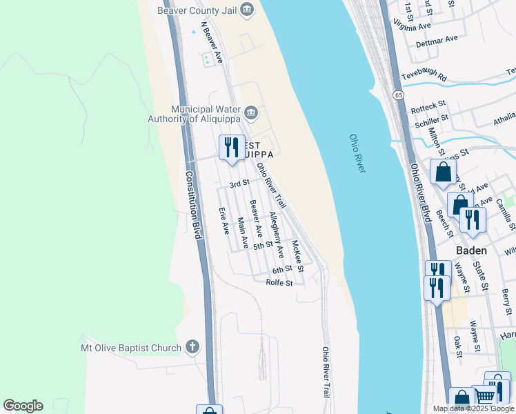 map of restaurants, bars, coffee shops, grocery stores, and more near 332 Beaver Avenue in Aliquippa