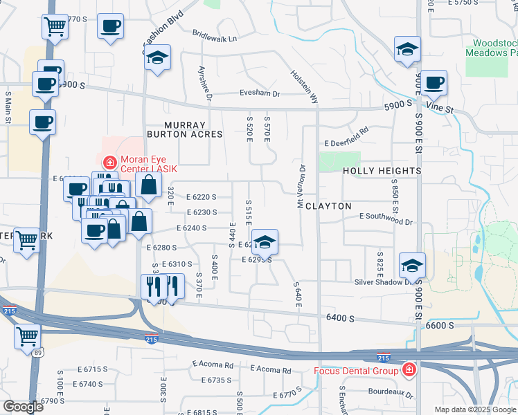 map of restaurants, bars, coffee shops, grocery stores, and more near 6240 South Longview Drive in Murray