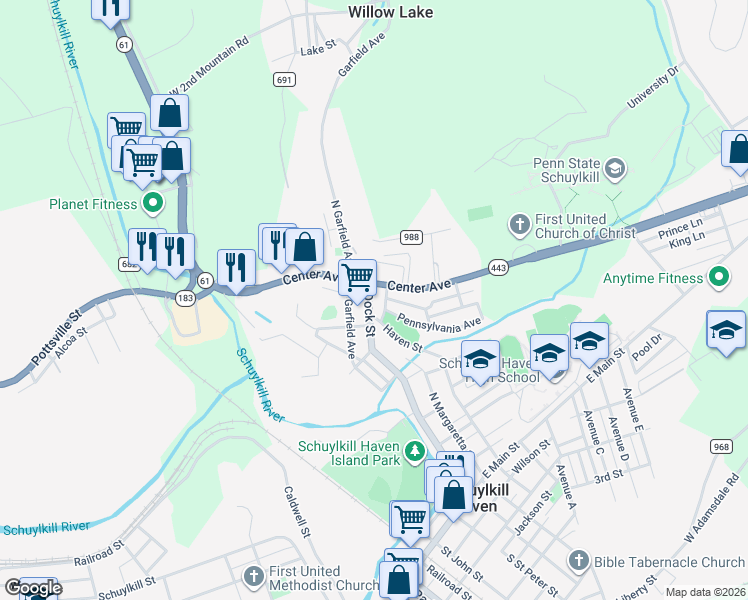 map of restaurants, bars, coffee shops, grocery stores, and more near 507 Dock Street in Schuylkill Haven