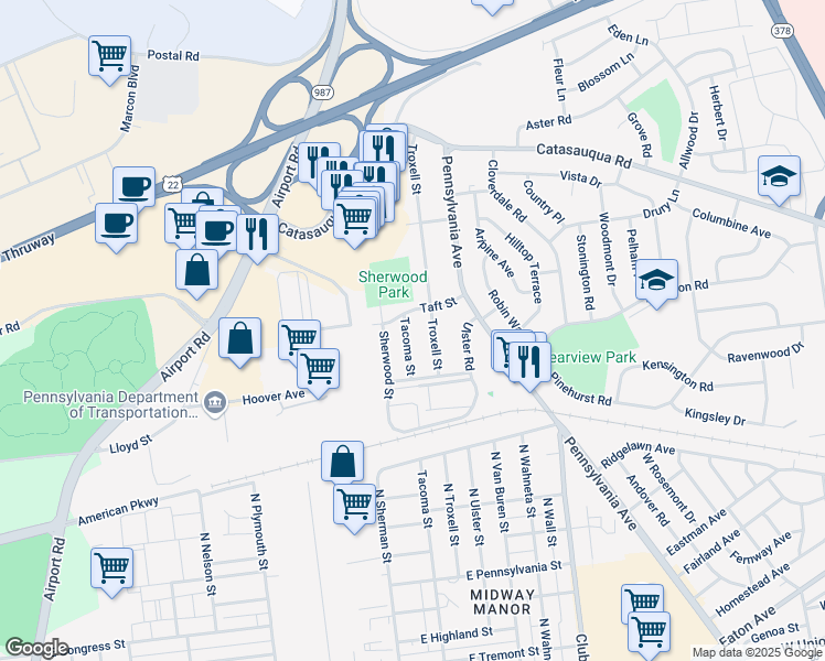 map of restaurants, bars, coffee shops, grocery stores, and more near 1826 Tacoma Street in Allentown