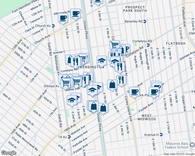 map of restaurants, bars, coffee shops, grocery stores, and more near 465 Ocean Parkway in Brooklyn