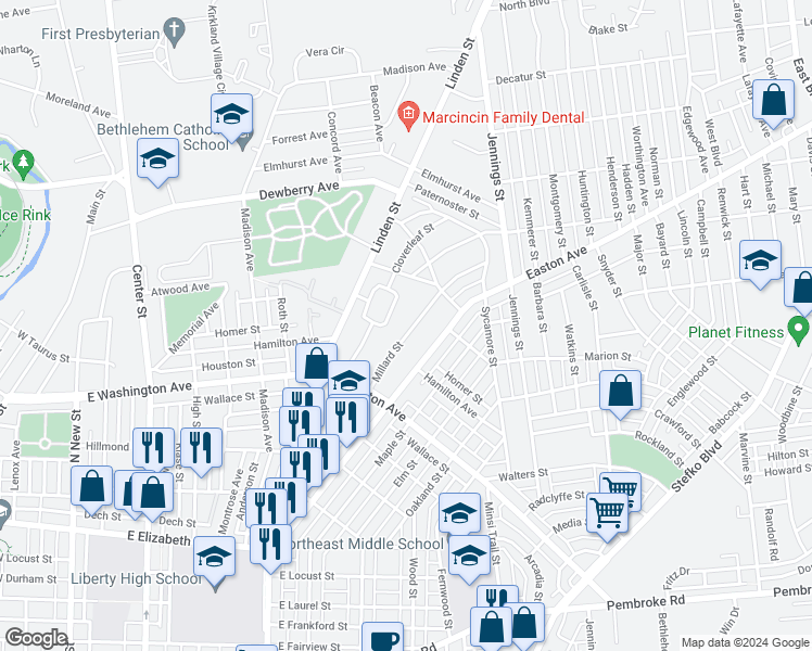 map of restaurants, bars, coffee shops, grocery stores, and more near 1715 Millard Street in Bethlehem