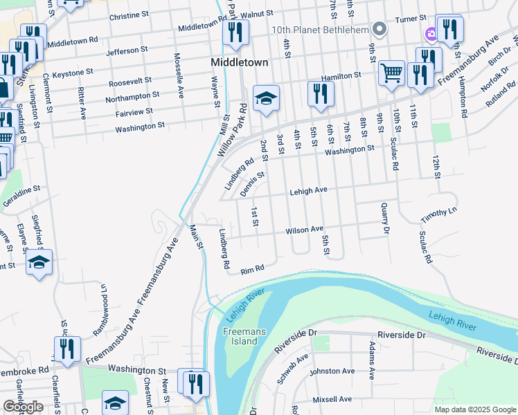 map of restaurants, bars, coffee shops, grocery stores, and more near 1586 1st Street in Bethlehem