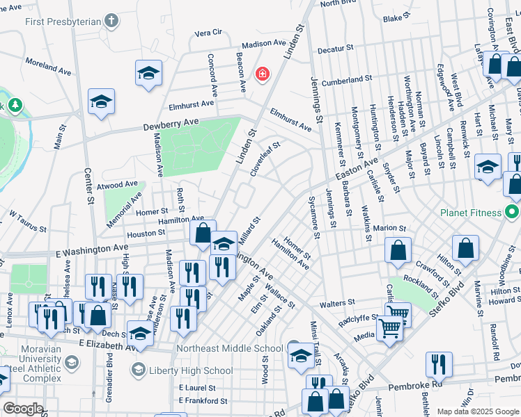 map of restaurants, bars, coffee shops, grocery stores, and more near 1715 Millard Street in Bethlehem