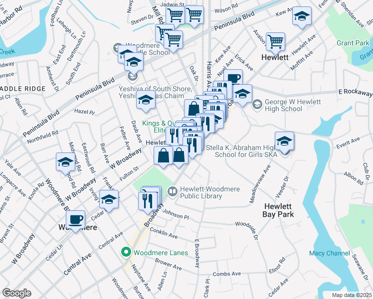 map of restaurants, bars, coffee shops, grocery stores, and more near 1176 Broadway in Hewlett