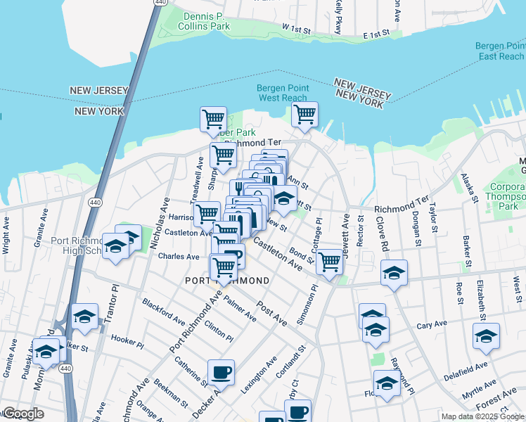 map of restaurants, bars, coffee shops, grocery stores, and more near in Staten Island