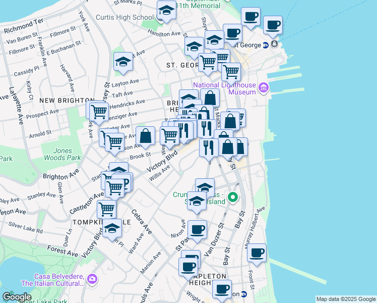 map of restaurants, bars, coffee shops, grocery stores, and more near 81 Tompkins Circle in Staten Island