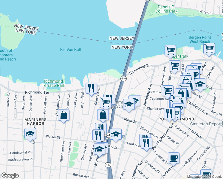 map of restaurants, bars, coffee shops, grocery stores, and more near 47 Morningstar Road in Staten Island