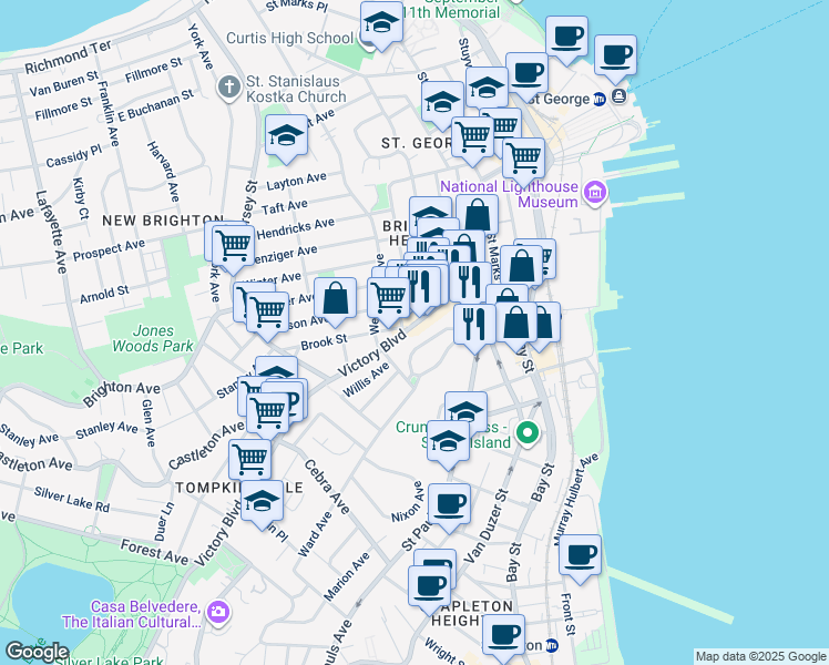 map of restaurants, bars, coffee shops, grocery stores, and more near 102 Tompkins Circle in Staten Island