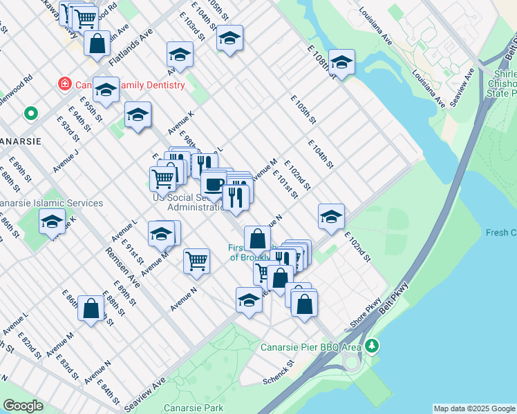 map of restaurants, bars, coffee shops, grocery stores, and more near 1510 East 98th Street in Brooklyn