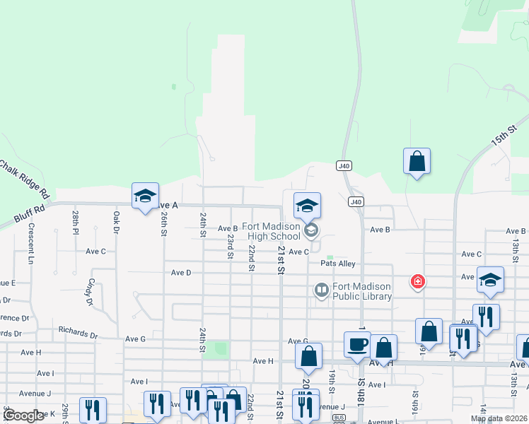 map of restaurants, bars, coffee shops, grocery stores, and more near 2 Joan Court in Fort Madison