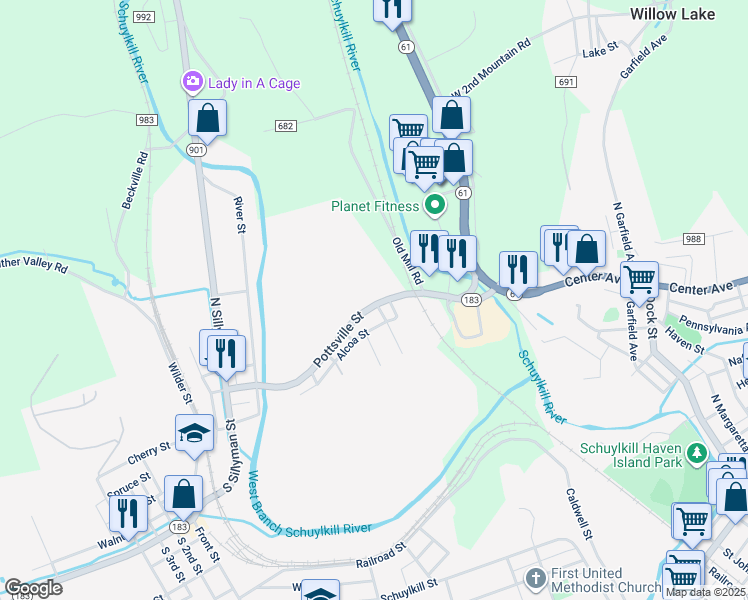 map of restaurants, bars, coffee shops, grocery stores, and more near 154 Pottsville Street in Cressona