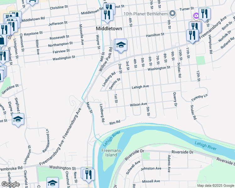 map of restaurants, bars, coffee shops, grocery stores, and more near 1586 1st Street in Bethlehem