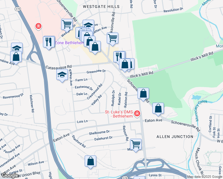 map of restaurants, bars, coffee shops, grocery stores, and more near 1585 Rudolph Drive in Bethlehem