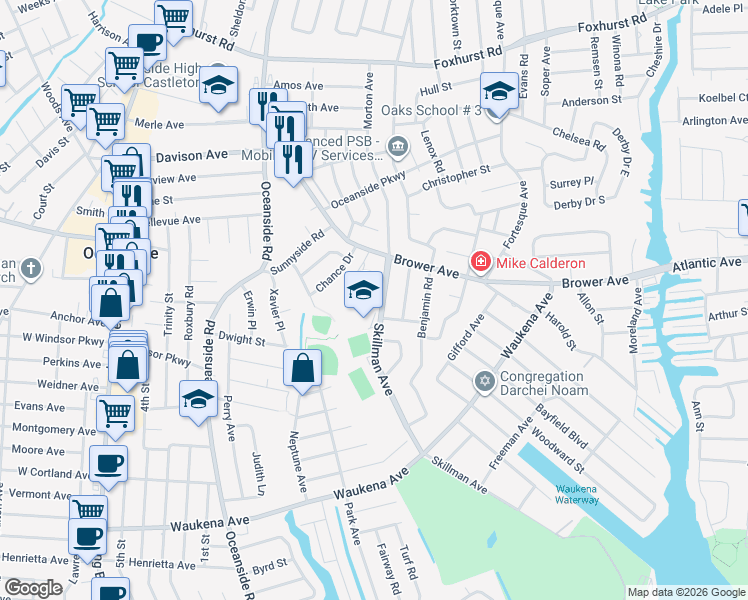 map of restaurants, bars, coffee shops, grocery stores, and more near 3160 Skillman Avenue in Oceanside