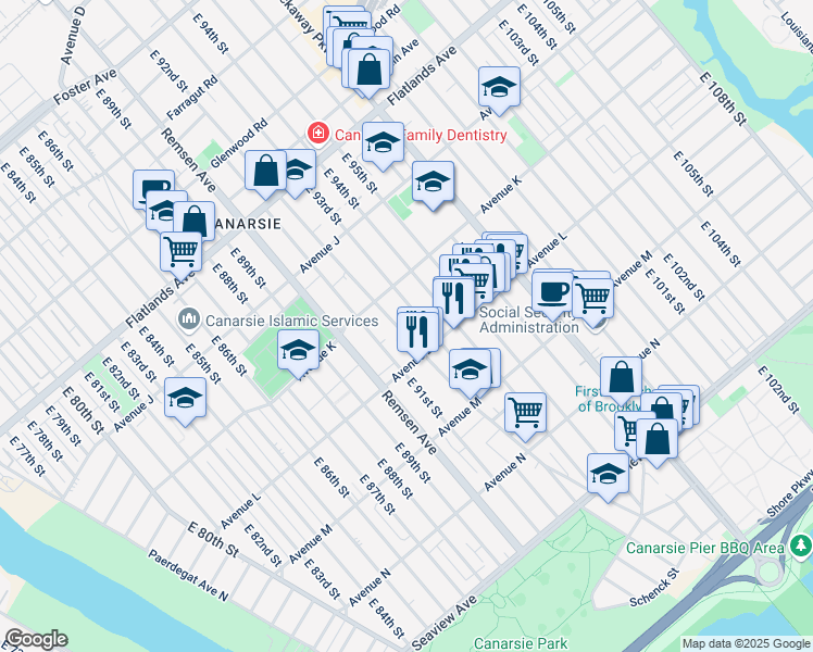 map of restaurants, bars, coffee shops, grocery stores, and more near 1409 East 92nd Street in Brooklyn