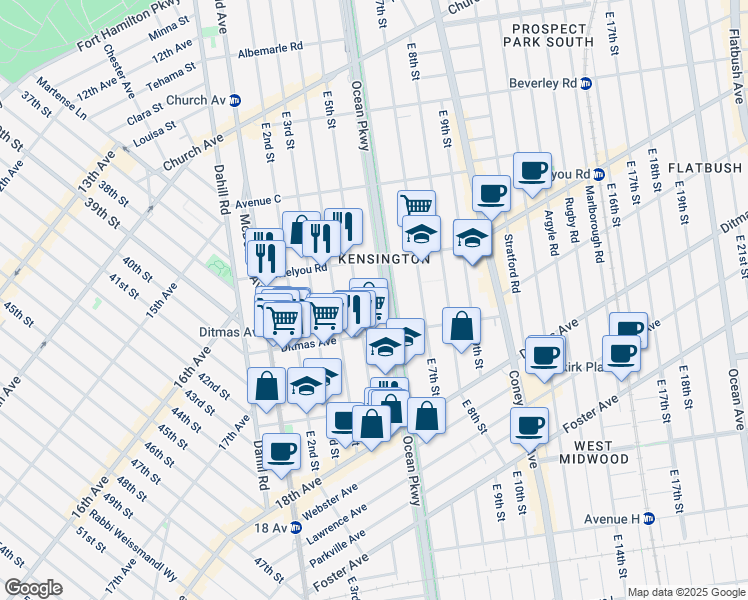map of restaurants, bars, coffee shops, grocery stores, and more near 464 Ocean Parkway in Brooklyn