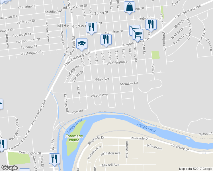 map of restaurants, bars, coffee shops, grocery stores, and more near 1580 5th Street in Bethlehem