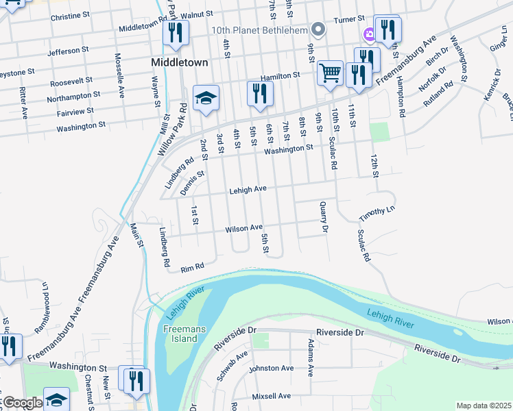 map of restaurants, bars, coffee shops, grocery stores, and more near 1581 5th Street in Bethlehem
