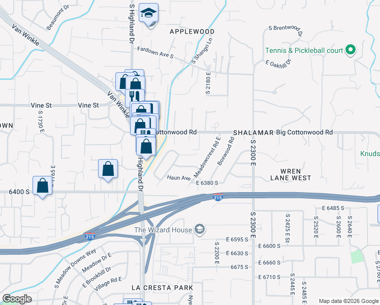 map of restaurants, bars, coffee shops, grocery stores, and more near 6318 Meadowcrest Road East in Holladay