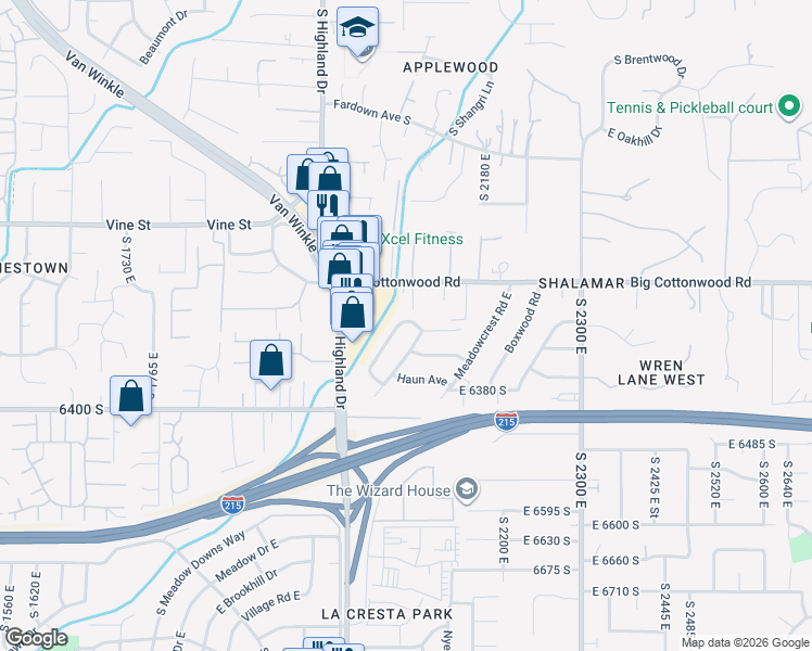 map of restaurants, bars, coffee shops, grocery stores, and more near 2105 East 6320 South in Salt Lake City