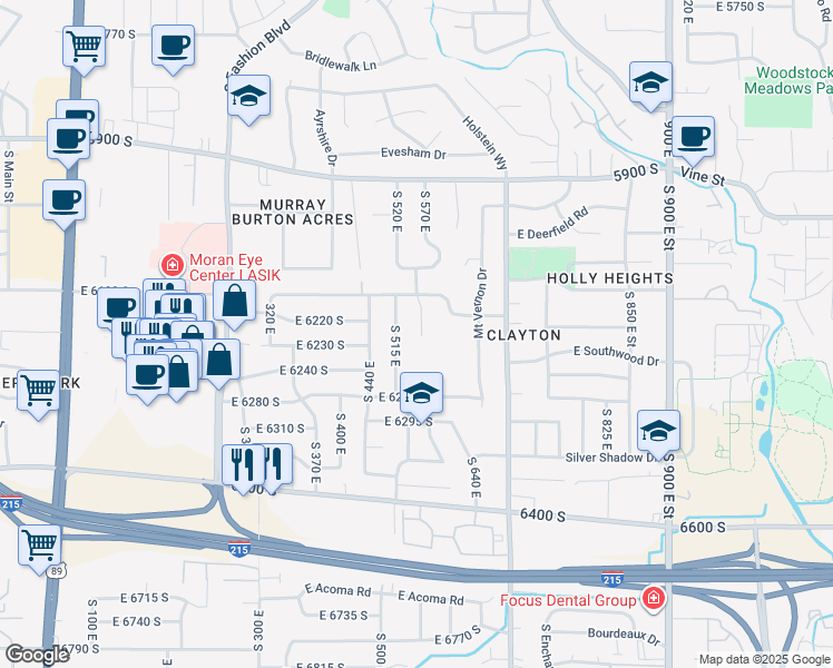 map of restaurants, bars, coffee shops, grocery stores, and more near 6251 South 515 East in Murray
