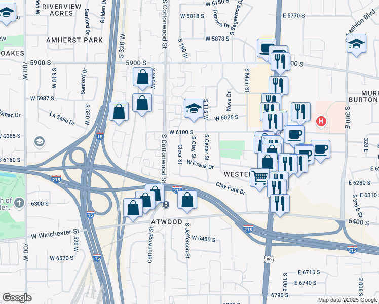 map of restaurants, bars, coffee shops, grocery stores, and more near 243 West Creek Drive in Murray