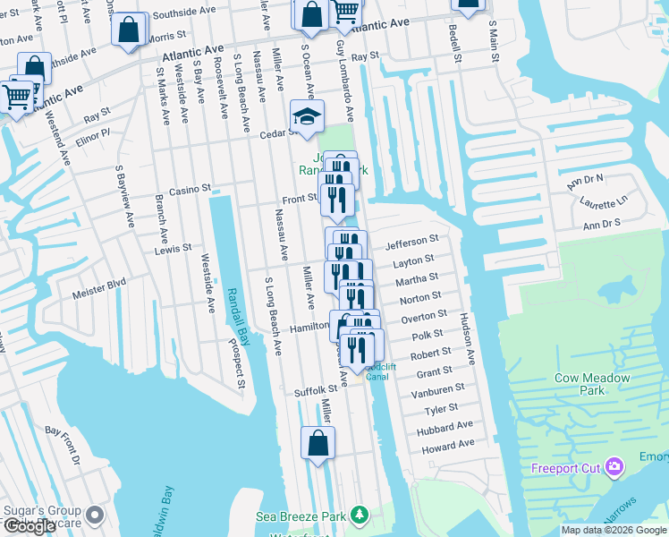 map of restaurants, bars, coffee shops, grocery stores, and more near 459 Miller Avenue in Freeport