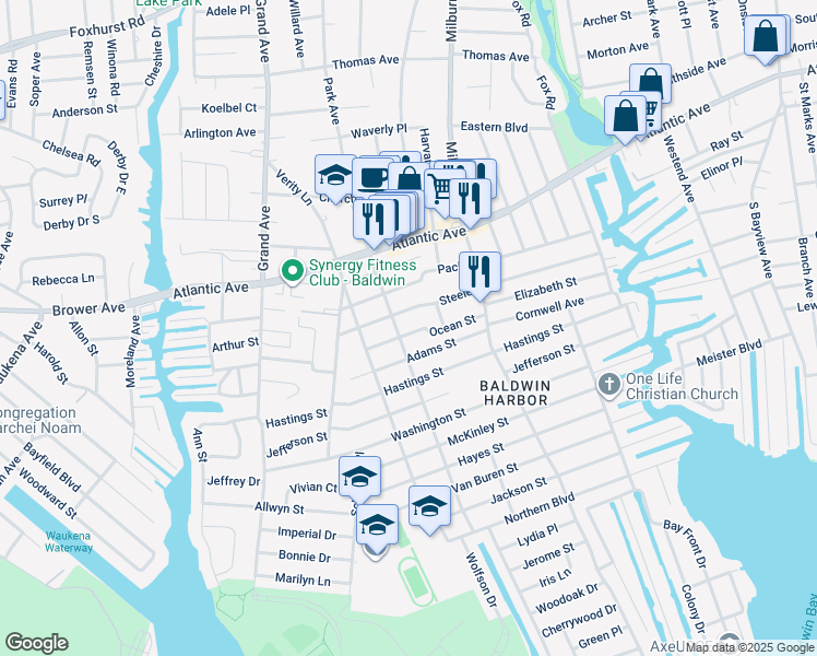map of restaurants, bars, coffee shops, grocery stores, and more near 927 Adams Street in Baldwin